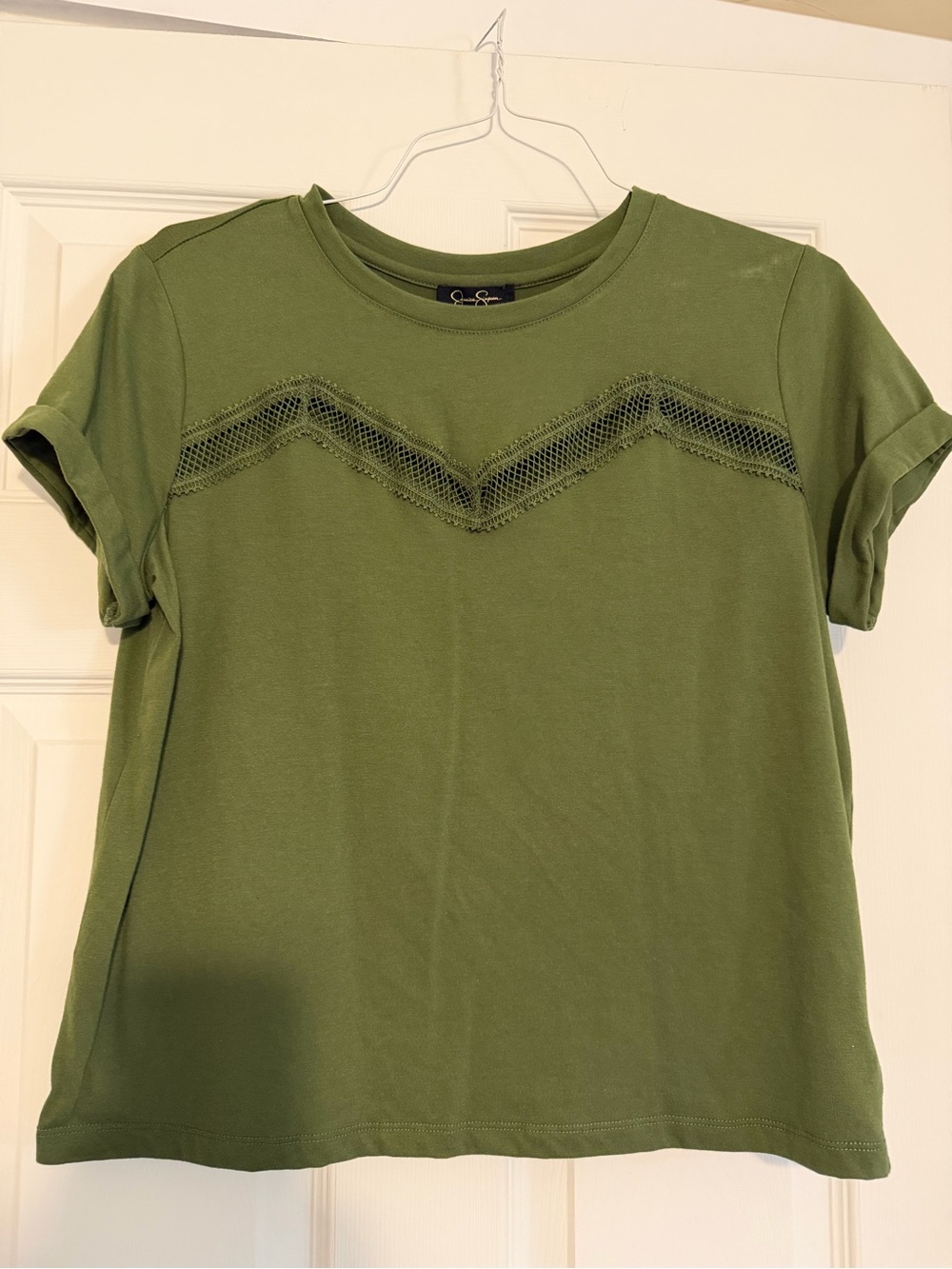 Jessica Simpson Olive Green Short Sleeve Top with Chevron Lace